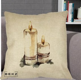 Perna Decorativa Lumanari Acuarela Iarna, 40x40 cm, Crem, Husa Detasabila, Perna Inclusa, BEKZ®