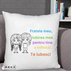 Cadou pentru Frate - Perna Personalizata Fratele Meu Te Iubesc Copii Anime Colorat, 40x40 cm, Alb Pufos, Husa Detasabila, Perna Inclusa, BEKZ®