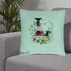 Cadou Personalizat - Perna Personalizata Monogram Litera L cu Flori Acuarela, 40x40 cm, Verde Menta, Husa Detasabila, Perna Inclusa, BEKZ®