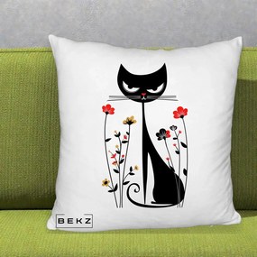 Perna Decorativa Pisica Neagra Grafica Flori Rosii, 40x40 cm, Alb Pufos, Husa Detasabila, Perna Inclusa, BEKZ®