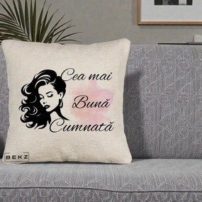 Cadou pentru Cumnata - Perna Personalizata Cea mai Buna Cumnata cu Silueta Dama si Pete Roz, 40x40 cm, Bej Canapea, Husa Detasabila, Perna Inclusa, BEKZ®