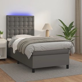 vidaXL Pat cu arcuri, saltea și LED, gri, 90x190 cm, piele ecologică