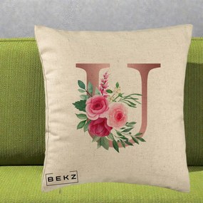Cadou Personalizat - Perna Personalizata Monograma Rose Gold Litera U, 40x40 cm, Bej, Husa Detasabila, Perna Inclusa, BEKZ®