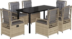 vidaXL Set de masă pentru grădină, 7 piese, cu perne, bej, poliratan