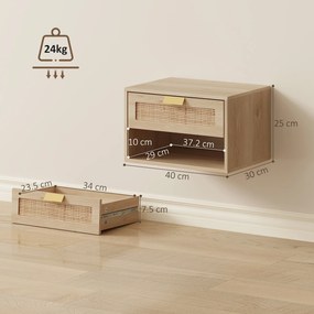 HOMCOM Set de 2 Noptiere Suspendate cu Sertar din Ratan Raft Deschis Economisire Spațiu 40x30x25 cm Stejar | Aosom Romania