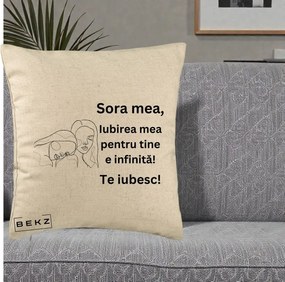 Cadou pentru Sora - Perna Personalizata Sora Mea Te Iubesc Line Art Portrete Fata in Fata, 40x40 cm, Bej, Husa Detasabila, Perna Inclusa, BEKZ®