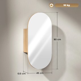 HOMCOM Dulap cu oglindă pentru baie, montare pe perete, oval, 45 x 90 cm, modern, fără rame, lemn natural | Aosom Romania