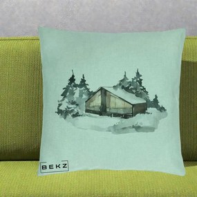 Perna Decorativa Cabana de Iarna in Padure, 40x40 cm, Verde Menta, Husa Detasabila, Perna Inclusa, BEKZ®