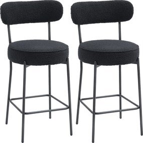 HOMCOM Set 2 scaune de bar cu șezut tapițat și suport pentru picioare, tapițerie fleece, cadru metalic, Negru | Aosom Romania