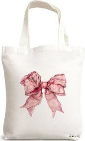 Sacosa de Panza pentru Cumparaturi, Geanta Tote, model Pink Bow 38 x 34.5 cm, Alba, BEKZ®