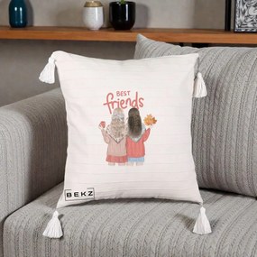 Cadou pentru Prieteni - Perna Personalizata Best Friends Toamna, 40x40 cm, Bej cu Franjuri, Husa Detasabila, Perna Inclusa, BEKZ®