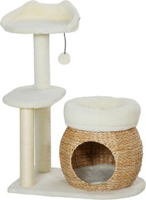 PawHut Copac pentru pisici cu căsuță, minge de joacă și platformă, stuf/sisal, până la 10 kg, 60 x 40 x 79 cm, crem-alb | Aosom Romania