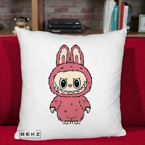 Perna Personalizata Labubu Roz Solo, 40x40 cm, Alb Pufos, Husa Detasabila, Perna Inclusa, BEKZ®