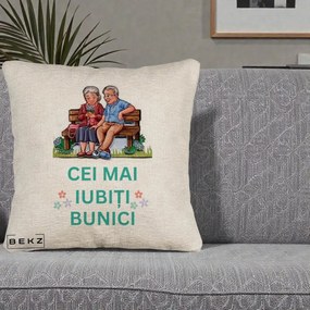 Cadou pentru Bunici - Perna Personalizata Cei Mai Iubiti Bunici Cuplu pe Banca Ilustratie, 40x40 cm, Bej Canapea, Husa Detasabila, Perna Inclusa, BEKZ®