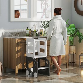 AIYAPLAY Scara Montessori 4 în 1 pentru Copii cu 2 Table și Set Masă și Scaun, din Lemn, 58x46x92 cm, Alb | Aosom Romania