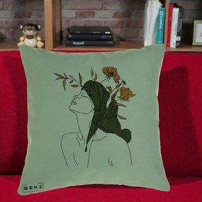 Perna Decorativa Portret Feminin Profil Flori Portocalii, 40x40 cm, Verde, Husa Detasabila, Perna Inclusa, BEKZ®