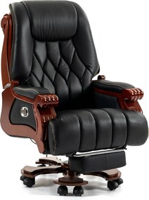 ROYAL OFFICE 1888 – Scaun directorial din piele naturala si lemn masiv, Masaj in 9 puncte si Incalzire, rezistent 150 kg, Negru