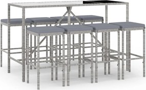 vidaXL Set mobilier bar de grădină, cu perne, 9 piese, gri, poliratan