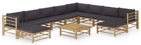 3058224 vidaXL Set mobilier de grădină cu perne gri închis, 11 piese, bambus