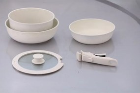 Set oale și tigăi cu mâner detașabil Goldmann GM-1005, 5 piese, Inducție, Finisaj marmură, Bej