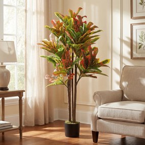 HOMCOM Plantă Artificială Croton cu 139 Frunze Modelabile și Ghiveci Alb din PP și Ciment, Plantă Falsă din PEVA și Lemn, 55x55x120 cm, Multicolor | Aosom Romania