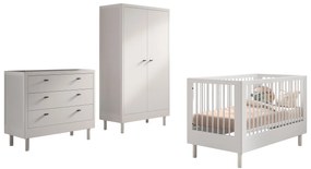 Set Complet Mobilier Cameră Bebelus Forrest Oak, din Lemn Masiv de Stejar, Alb: Pătuț Convertibil (70x140 cm), Comodă cu 3 Sertare și Dulap cu 2 Uși