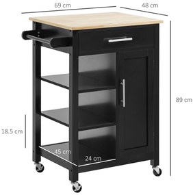 HOMCOM Dulap de Bucătărie cu Roți Dulap de Servire de Stil Contemporan - Ușă, sertar, 3 rafturi - mânere metal Blat Lemn de Hevea Negru | Aosom Romania