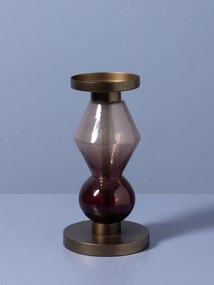 Sfeșnic din sticlă și metal, vișiniu-auriu antichizat, structură sculpturală etajată, finisaj patinat, 23×12 cm, „Astrolab"