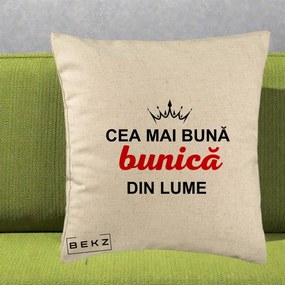 Cadou pentru Bunica - Perna Personalizata Cea Mai Buna Bunica Din Lume Coroana Neagra, 40x40 cm, Bej, Husa Detasabila, Perna Inclusa, BEKZ®