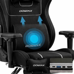 DOWINX 6657B - Scaun Gaming Ergonomic, Masaj in perna lombara, Șezut cu Arcuri Metalice și Spumă, Cotiere 4D, Suport pentru picioare, Rabatabil, Rezistent 136 kg, Material textil, Negru