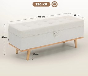 HOMCOM Taburet depozitare 80L, material textil, picioare lemn, 118x42x45 cm, crem | Aosom Romania