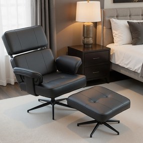 HOMCOM Fotoliu recliner reglabil cu otoman, tapițerie din piele ecologică, tetieră reglabilă pe înălțime, bază metalică, Negru | Aosom Romania