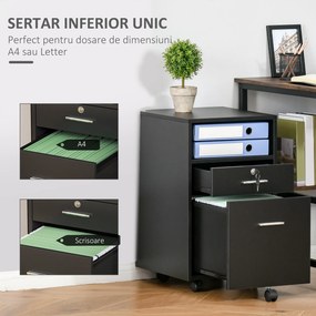 Vinsetto Comodă de Birou cu 2 Sertare și Raft Deschis, Mobilier cu 5 Rotile, Încuietoare și 2 Chei, 39x40x65 cm, Negru | Aosom Romania