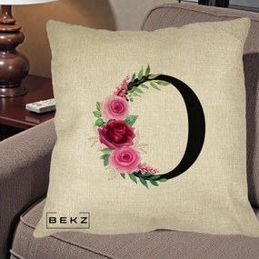 Cadou Personalizat - Perna Personalizata Monograma Florala Litera O, 40x40 cm, Crem, Husa Detasabila, Perna Inclusa, BEKZ®