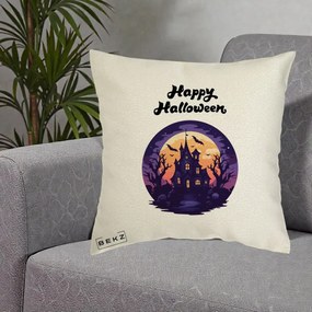 Perna Decorativa Happy Halloween Casa Bantuita Violet, 40x40 cm, Ecru, Husa Detasabila, Perna Inclusa, BEKZ®