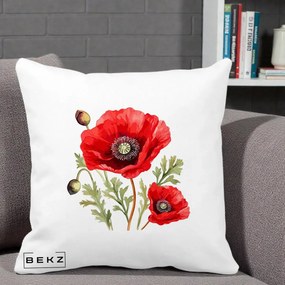 Perna Decorativa Maci Rosii Acuarela, 40x40 cm, Alba Mata, Husa Detasabila, Perna Inclusa, BEKZ®
