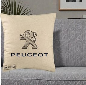 Perna Personalizata cu emblema Peugeot, 40x40 cm, Bej, Husa Detasabila, Perna Inclusa, BEKZ®
