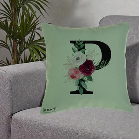 Cadou Personalizat - Perna Personalizata Monograma Florala Litera P, 40x40 cm, Verde, Husa Detasabila, Perna Inclusa, BEKZ®