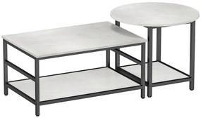 Set 2 Masute de Cafea cu 2 Niveluri din PAL si Otel, Masuta Dreptunghiulara si Masuta Rotunda cu Blat Efect Marmura, Alb si Negru HOMCOM | Aosom RO