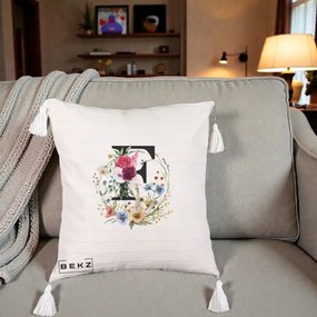 Cadou Personalizat - Perna Personalizata Monogram Litera F cu Flori Acuarela, 40x40 cm, Bej cu Franjuri, Husa Detasabila, Perna Inclusa, BEKZ®