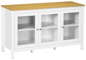 HOMCOM Bufet mobilier de depozitare cu 3 uși din sticlă 2 rafturi reglabile aspect de lemn deschis 120 x 40 x 70 cm alb | Aosom Romania
