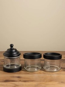 Set 3 borcane suprapuse din sticlă cu margini și capac din lemn de mango negru, finisaj antichizat, 41 × 13 cm, „Sylve"