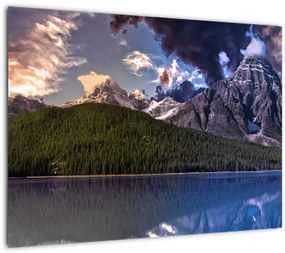 Tablou pe sticlă cu lac și munți (70x50 cm)