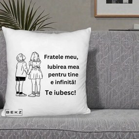 Cadou pentru Frate - Perna Personalizata Fratele Meu Te Iubesc Copii Tinand Maini Line Art, 40x40 cm, Alb Pufos, Husa Detasabila, Perna Inclusa, BEKZ®