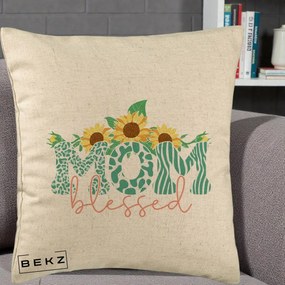 Cadou pentru Mama - Perna Personalizata Mom Blessed cu Floarea Soarelui Animal Print Teal, 40x40 cm, Bej, Husa Detasabila, Perna Inclusa, BEKZ®
