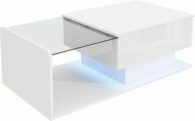 Masă de cafea cu înălțime reglabilă, cu sticlă și bandă LED, 100x50x33/47,5 cm, Alb