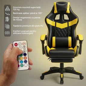 Scaun gaming, sistem iluminare bandă LED RGB, masaj în perna lombară, suport picioare, Negru/Galben