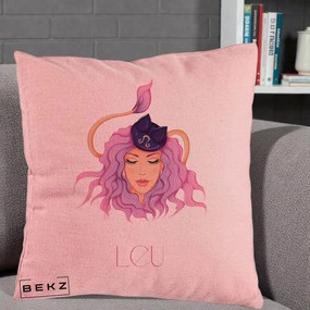 Perna Personalizata Zodie Leu, 40x40 cm, Roz, Husa Detasabila, Perna Inclusa, BEKZ®