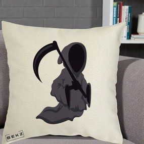 Perna Decorativa Moartea cu Coasa Grim Reaper Halloween, 40x40 cm, Ecru, Husa Detasabila, Perna Inclusa, BEKZ®