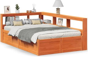 vidaXL Pat cu bibliotecă fără saltea, maro, 120x190 cm, lemn masiv pin